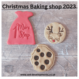 Christmas Baking Shop 2023 - cookie cutters of Christmas present sack, a reindeer face and a cookie with bite taken out of it