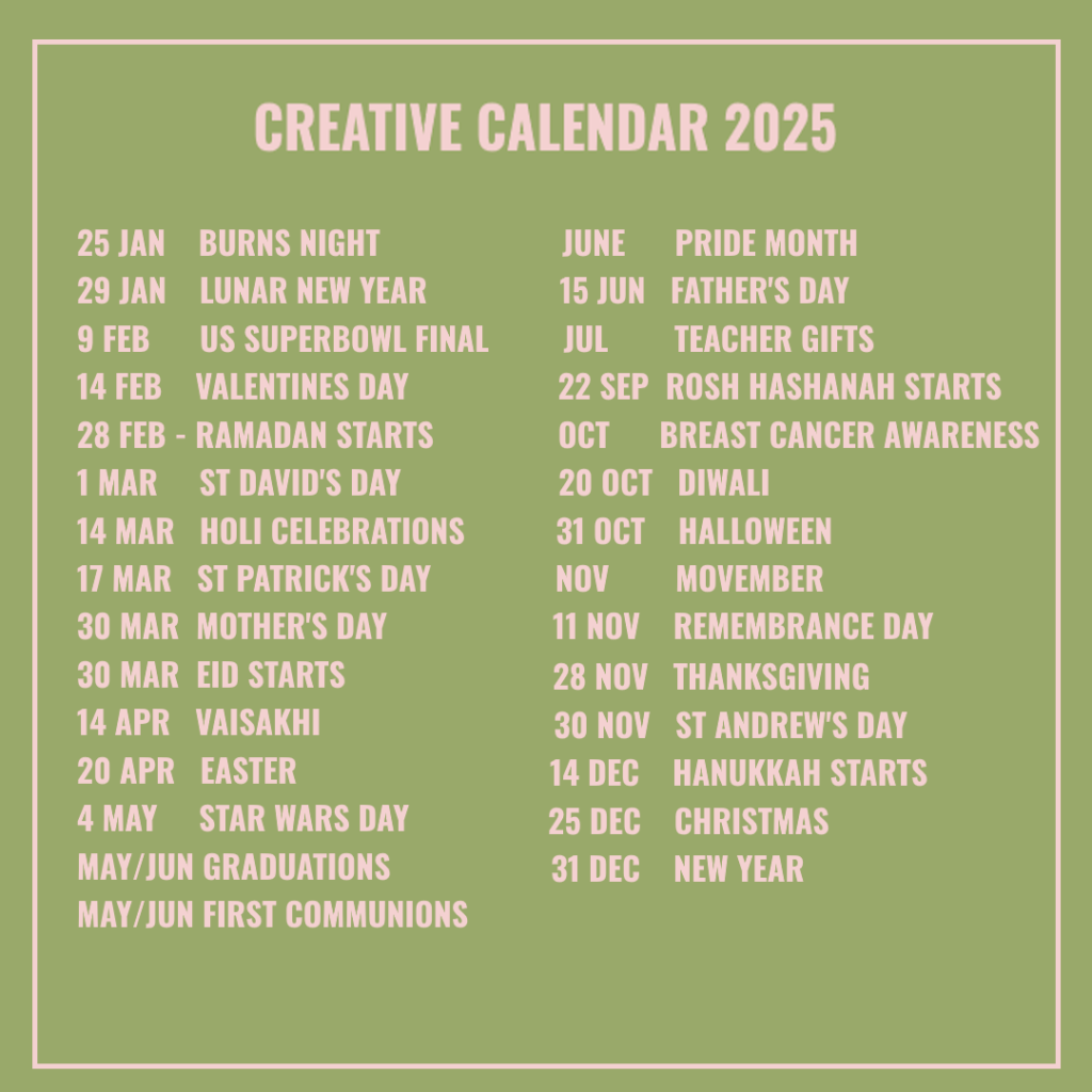 Creative calendar of events for 2025